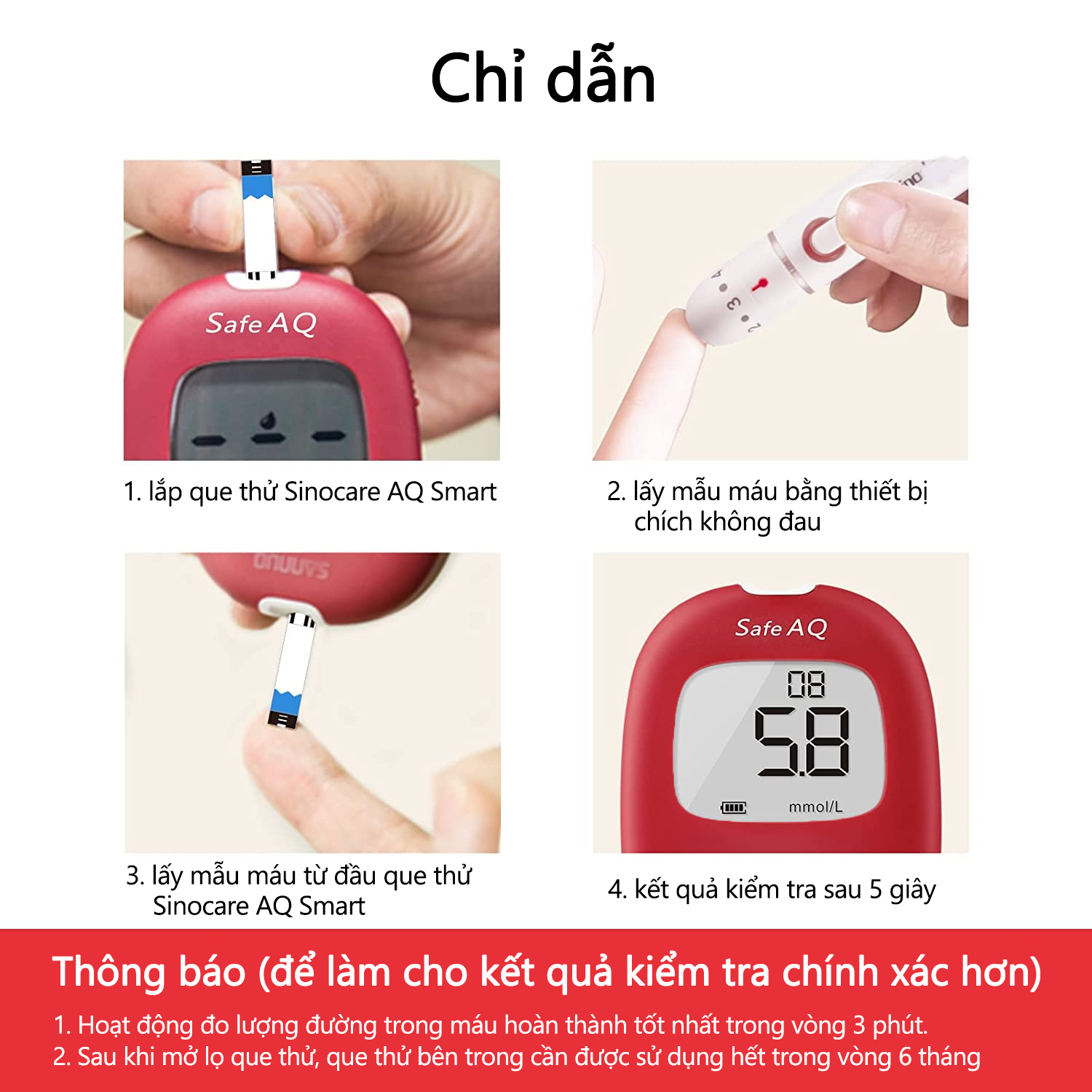 Mô tả Máy Đo Đường Huyết Safe AQ Smart SINOCARE VIETNAM Tặng kèm 50 Que thử Và 50 Kim - 1