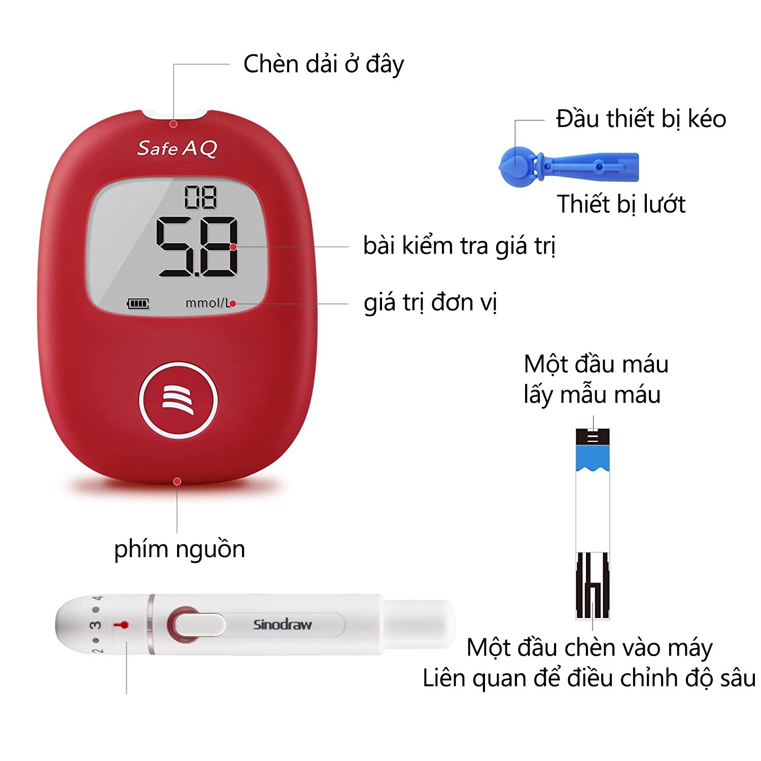 Mô tả Máy Đo Đường Huyết Safe AQ Smart SINOCARE VIETNAM Tặng kèm 50 Que thử Và 50 Kim - 3