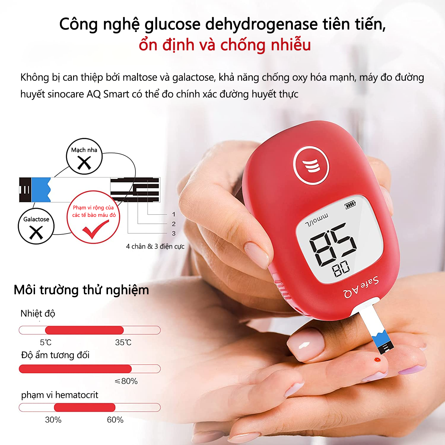 Mô tả Máy Đo Đường Huyết Safe AQ Smart SINOCARE VIETNAM Tặng kèm 50 Que thử Và 50 Kim - 6