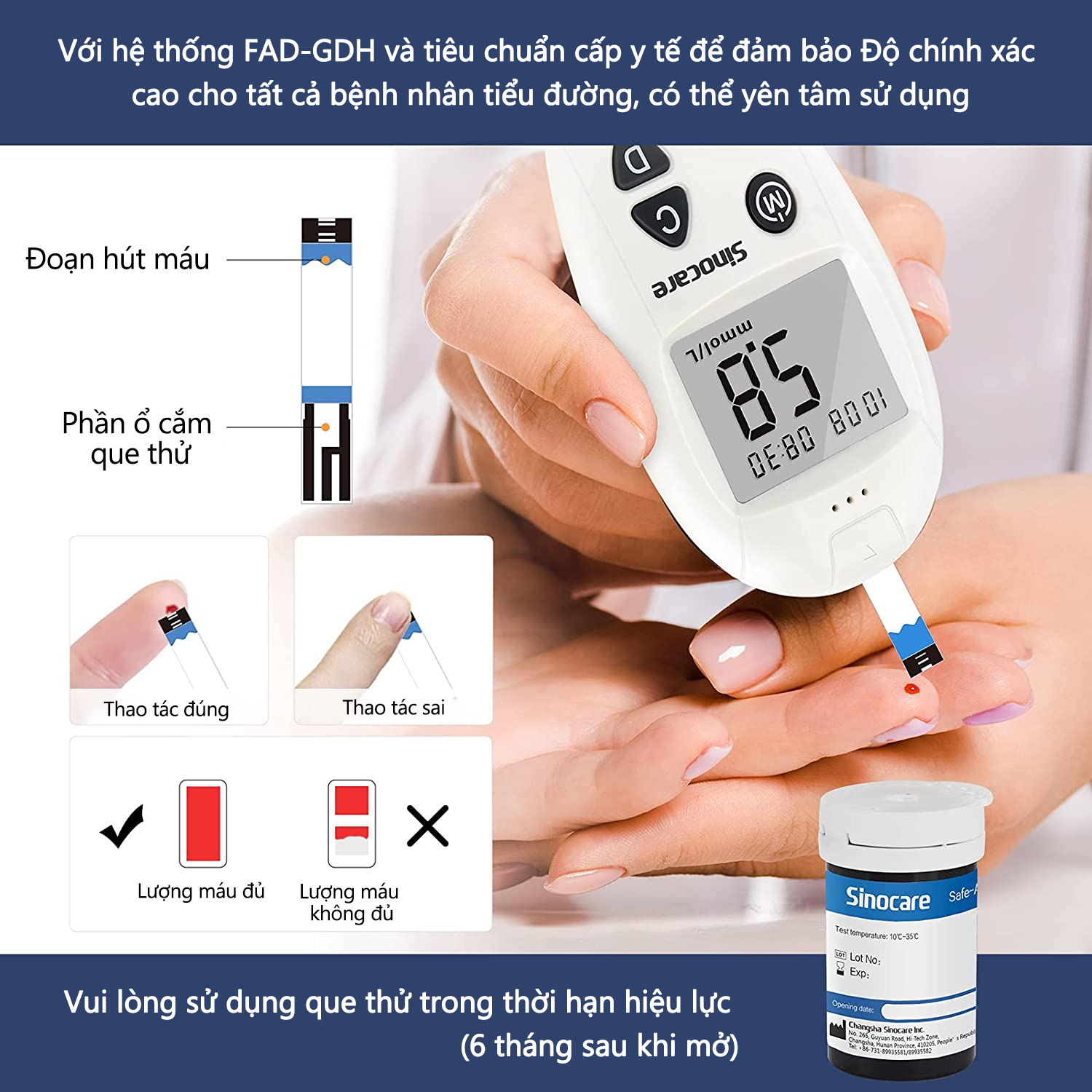 Mô tả Que Thử Đường Huyết Hộp 50 Que Safe Accu Tặng Kèm 50 Kim Chính Hãng Sinocare - 2