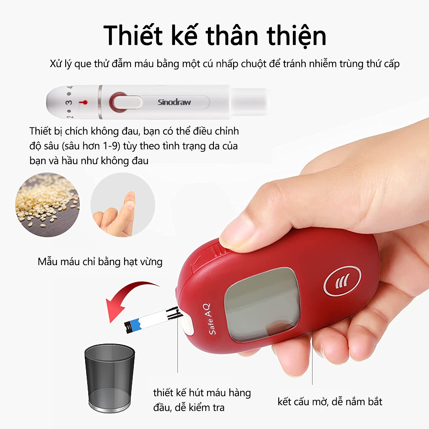 Mô tả Máy Đo Đường Huyết Safe AQ Smart SINOCARE VIETNAM Tặng kèm 50 Que thử Và 50 Kim - 2