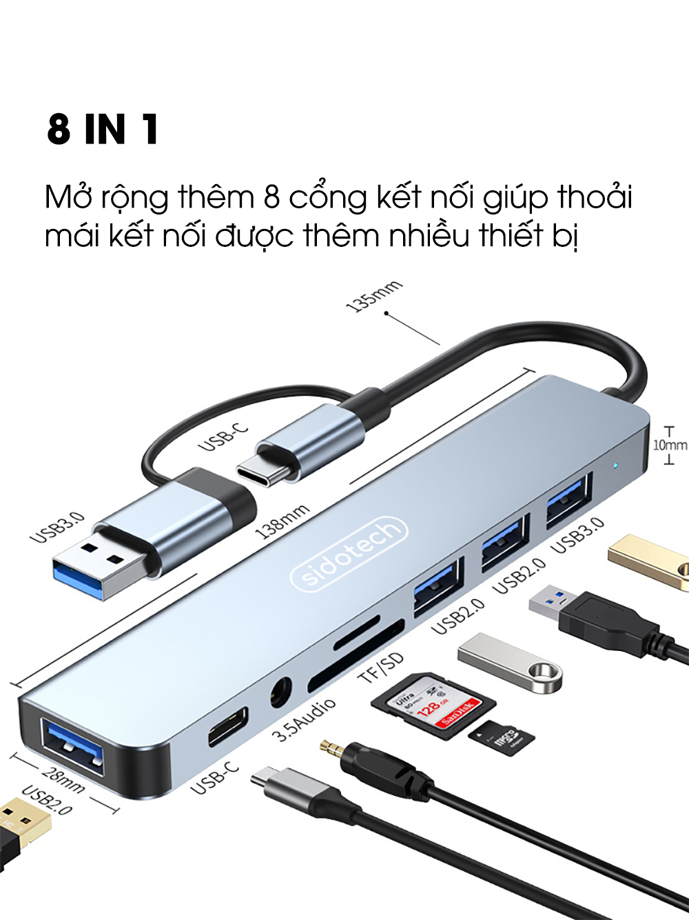 Hub type c usb 3.0 SIDOTECH 2 đầu 8 port in 1 cổng chuyển đổi tích hợp ...