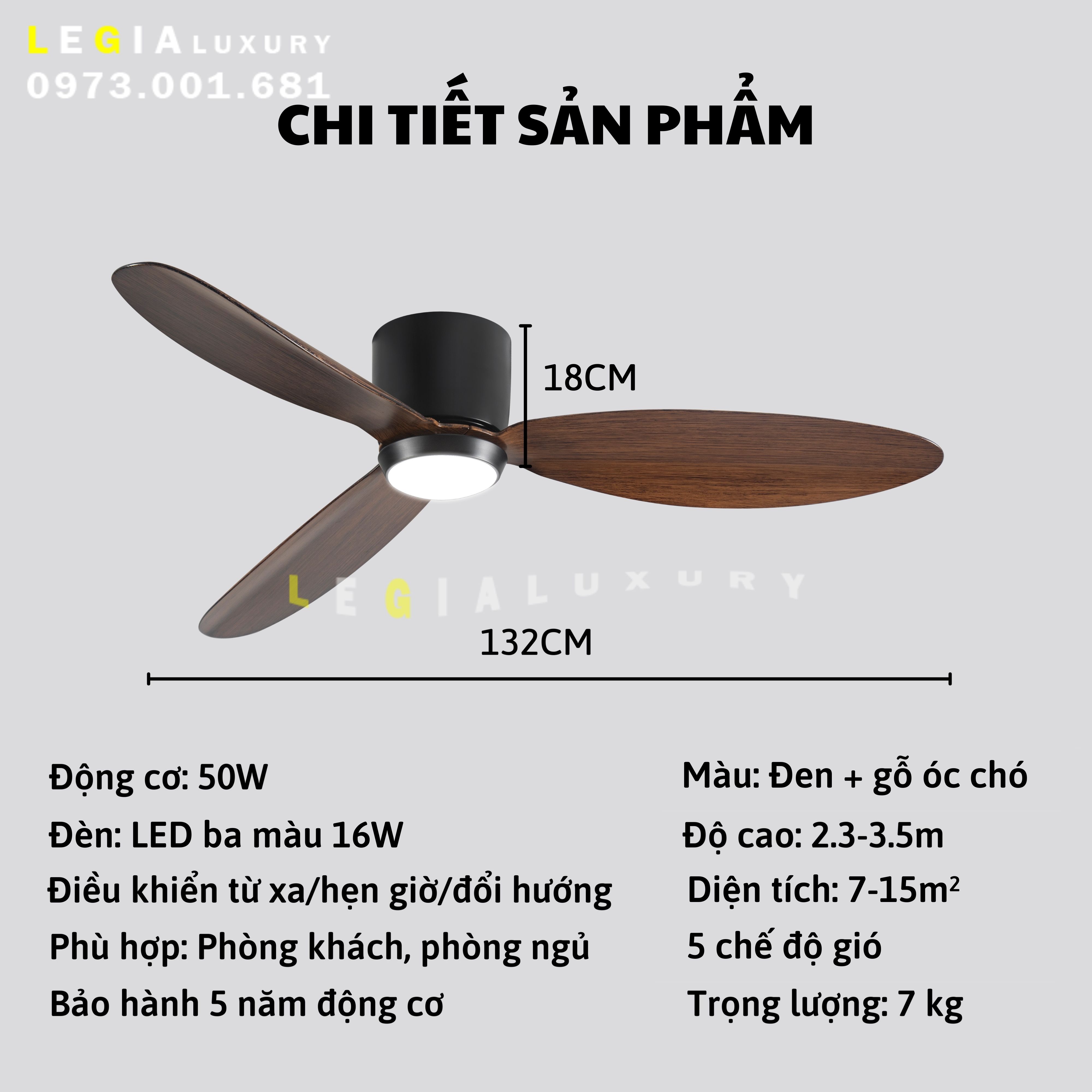 Mô tả Quạt Trần Cổ Ngắn 18cm LGFAN728 | Quạt trần ốp sát trần | Quạt trần cho chung cư trần thấp 2025 - 1