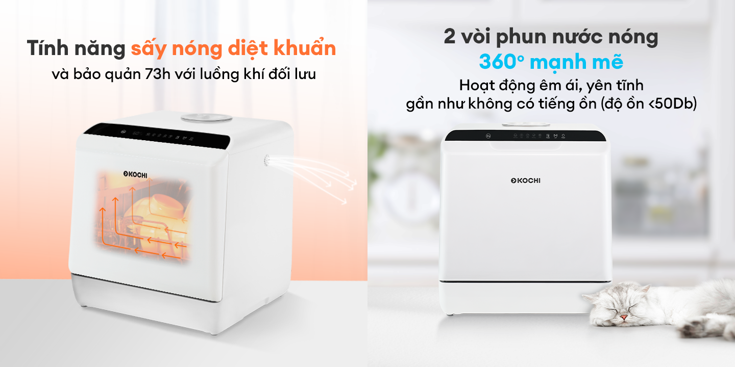 Mô tả Máy rửa chén bát để bàn KOCHI C300 - Không cần lắp đặt - Chứa 4 bộ - Rửa nước nóng & Sấy nóng diệt khuẩn - 4