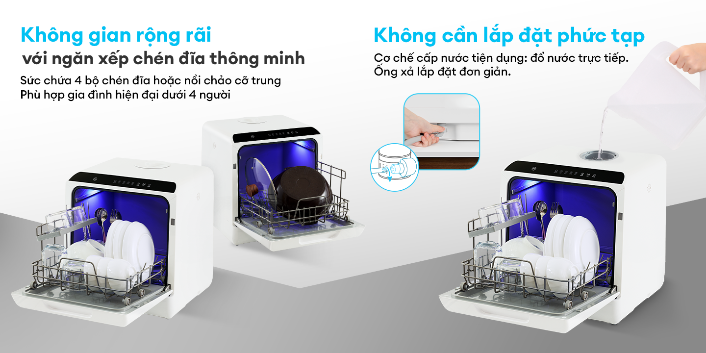 Mô tả Máy rửa chén bát để bàn KOCHI C300 - Không cần lắp đặt - Chứa 4 bộ - Rửa nước nóng & Sấy nóng diệt khuẩn - 5