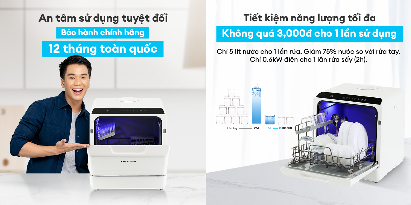 Mô tả Máy rửa chén bát để bàn KOCHI C300 - Không cần lắp đặt - Chứa 4 bộ - Rửa nước nóng & Sấy nóng diệt khuẩn - 6