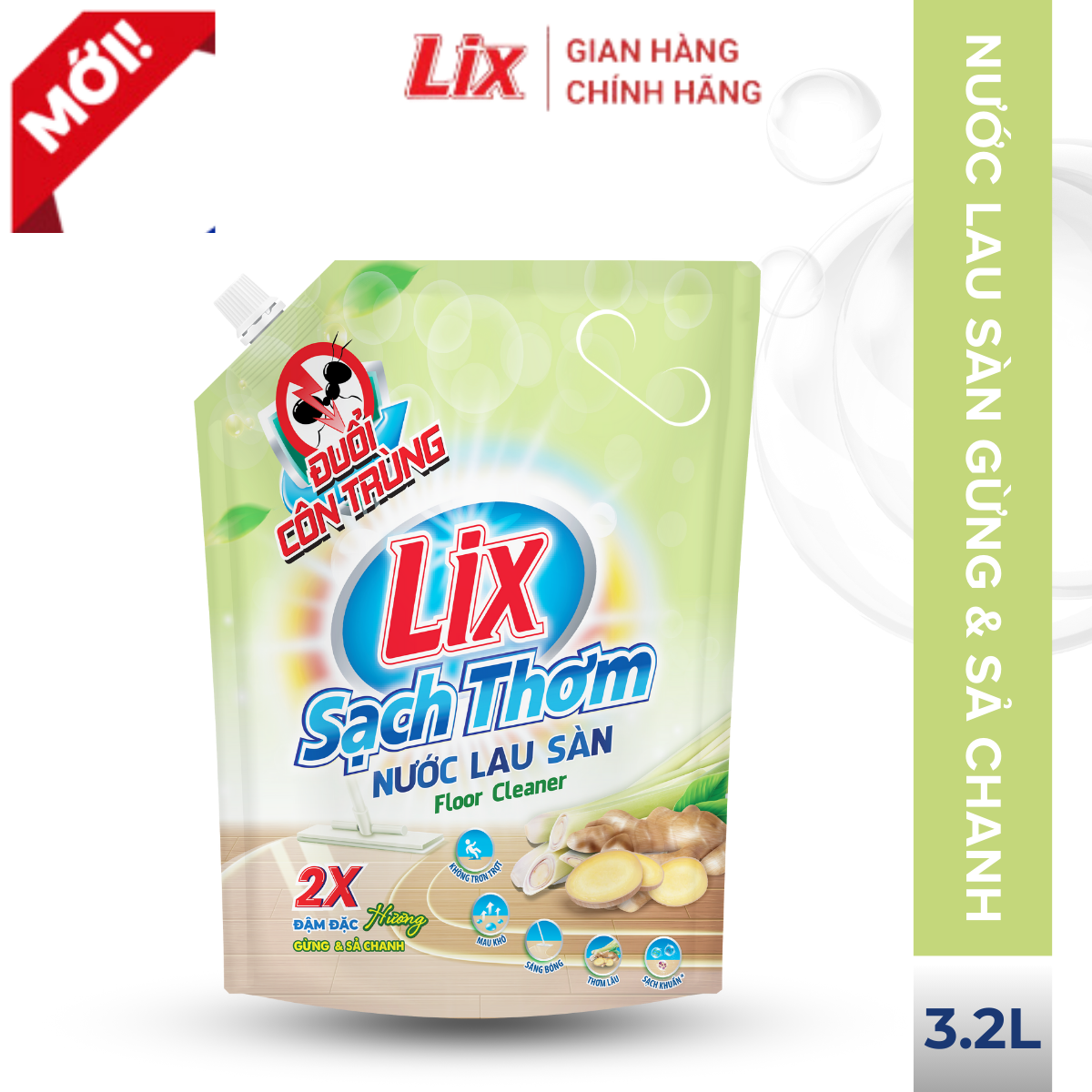 Mô tả Nước lau sàn Lix sạch thơm hương gừng và sả chanh mát lạnh sạch sáng bóng 18203 Lixco Việt Nam 3,2L/T04 (TÚI) - 1
