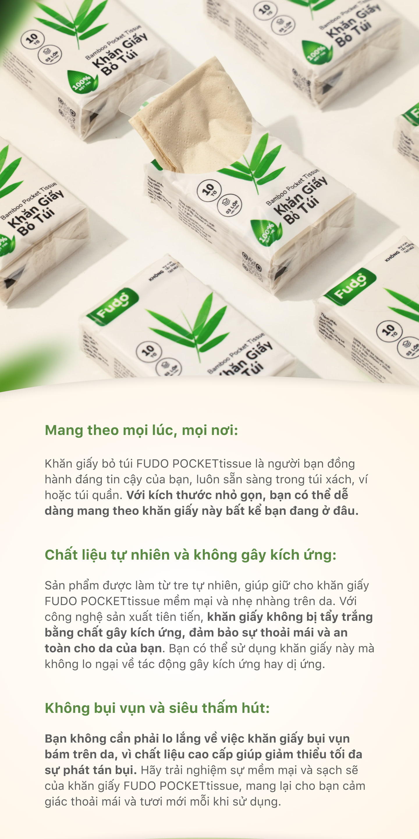 Thiết kế nhỏ gọn của khăn giấy bỏ túi Fudo Bamboo