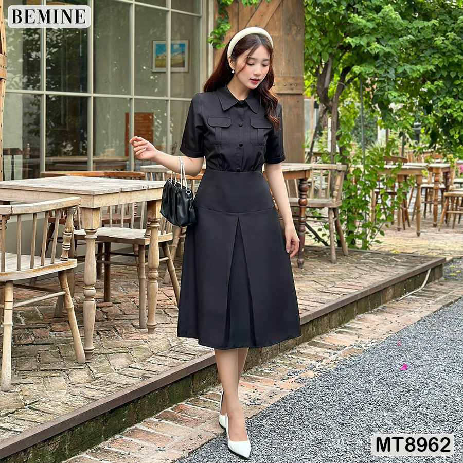 Mô tả Đầm thiết kế cổ sơ mi túi hộp dáng xoè  BEMINE MT8962 - 1