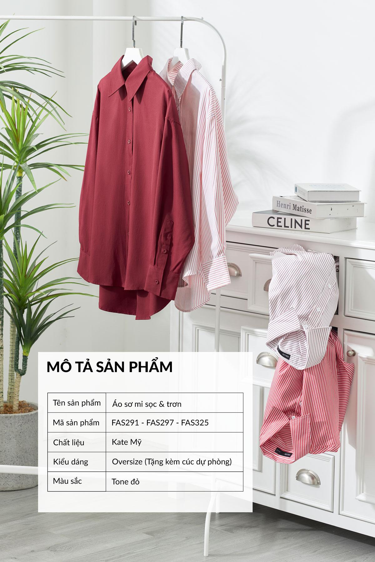Áo sơ mi nữ GILLEE dáng rộng tone đỏ