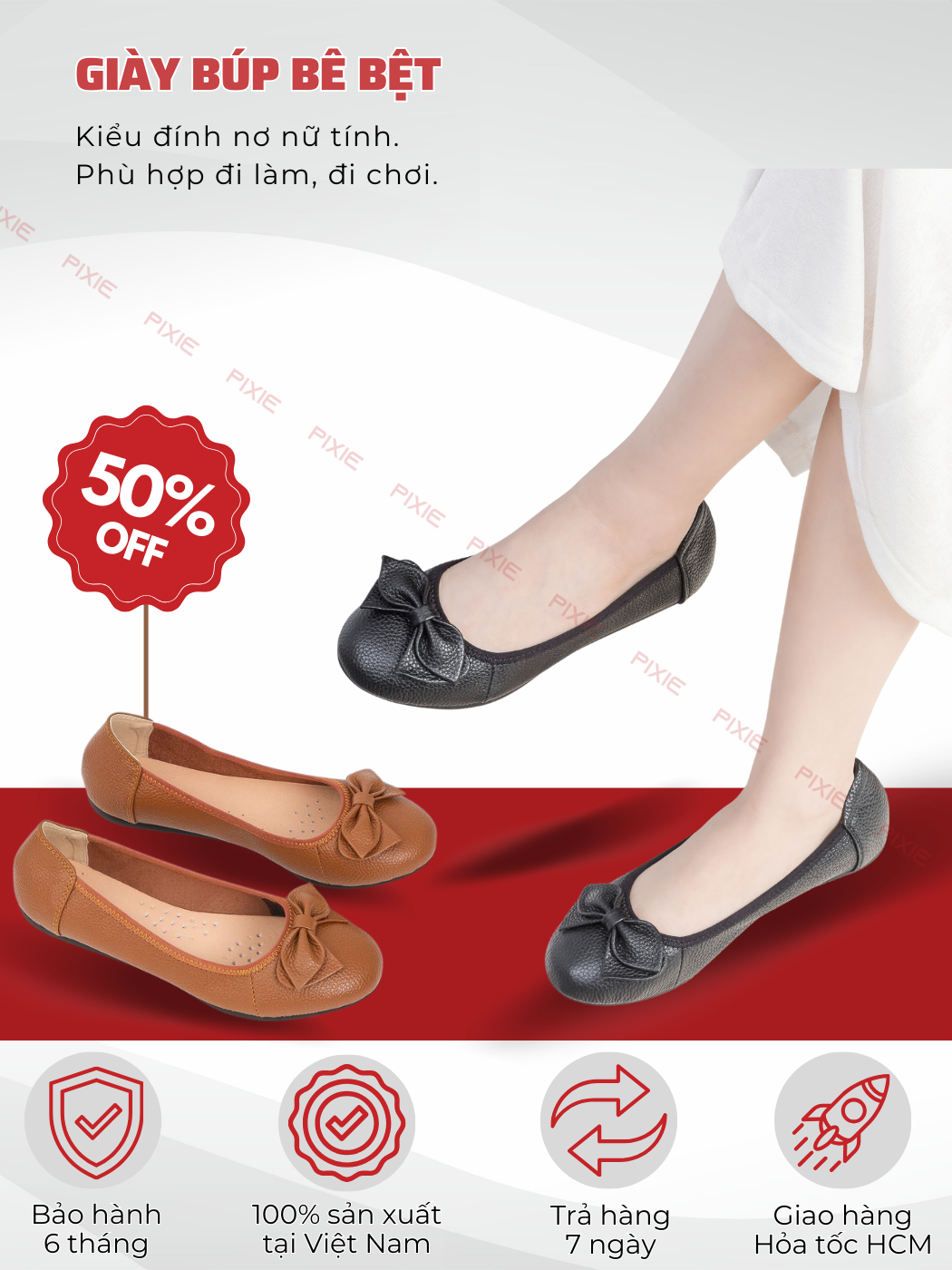 Mô tả Giày Búp Bê Da Thật Đế Bệt Siêu Êm Gắn Nơ Pixie X424 - 1