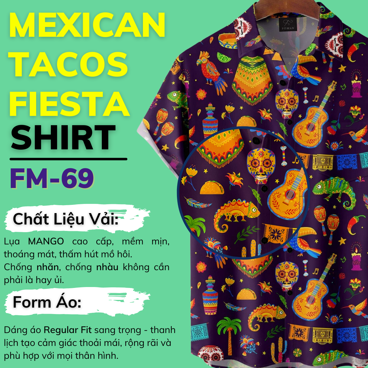 Mô tả Áo sơ mi tay ngắn nam FOMAN hoạ tiết Mexican Tacos Fiesta, vải Lụa Mango thoáng mát, thấm hút, mềm mịn, không nhăn nhàu - 1