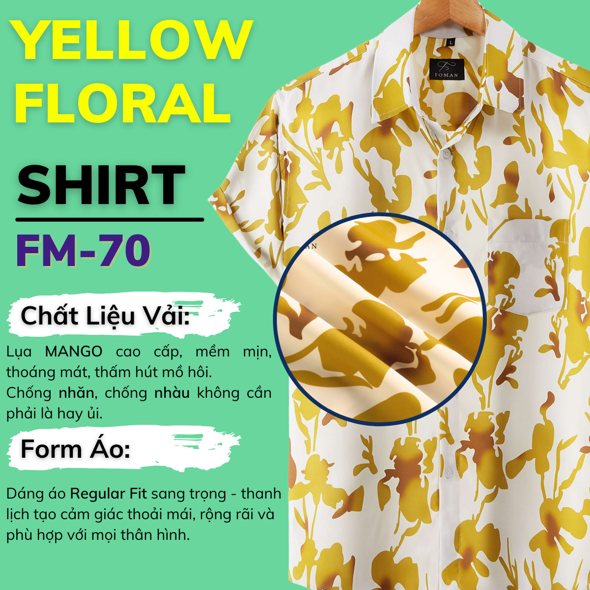 Mô tả Áo sơ mi tay ngắn nam FOMAN chính hãng, hoạ tiết Yellow Grass, vải Lụa Mango thoáng mát, thấm hút, mềm mịn, không nhăn - 1