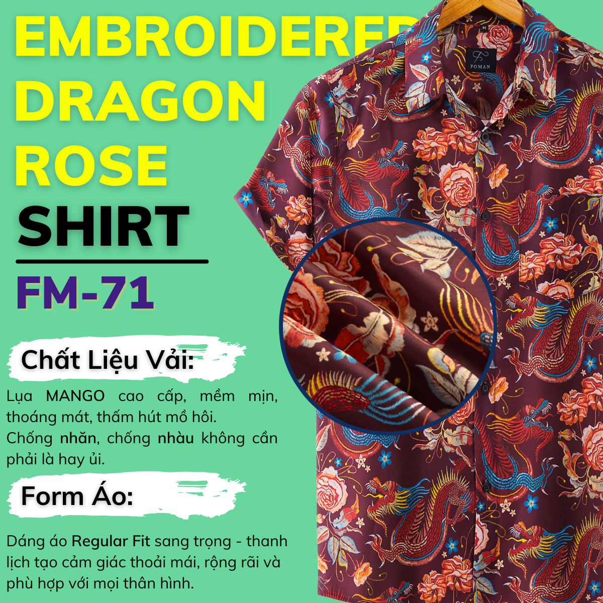 Mô tả Áo sơ mi tay ngắn nam FOMAN hoạ tiết Embroidered Dragon Rose, vải Lụa Mango mềm mịn, thoáng mát, thấm hút, không nhăn - 1