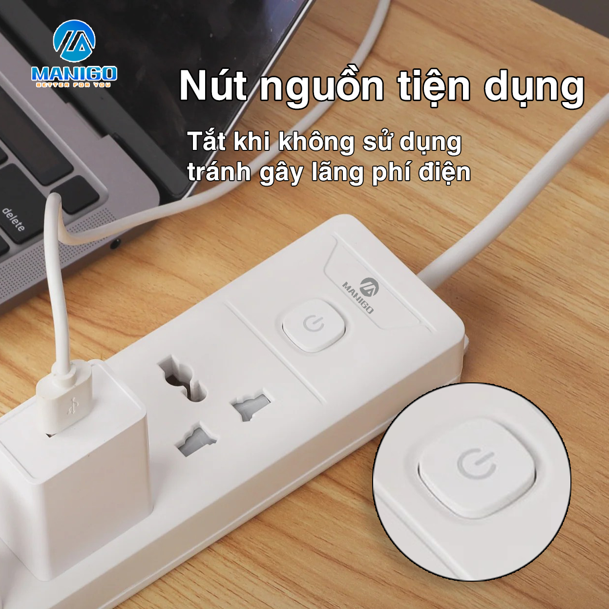 Mô tả Combo ổ cắm điện đa năng Manigo chiều dài 2,5M công suất 2500W Tích Hợp Sạc USB TypeC BH 18 Tháng - 2