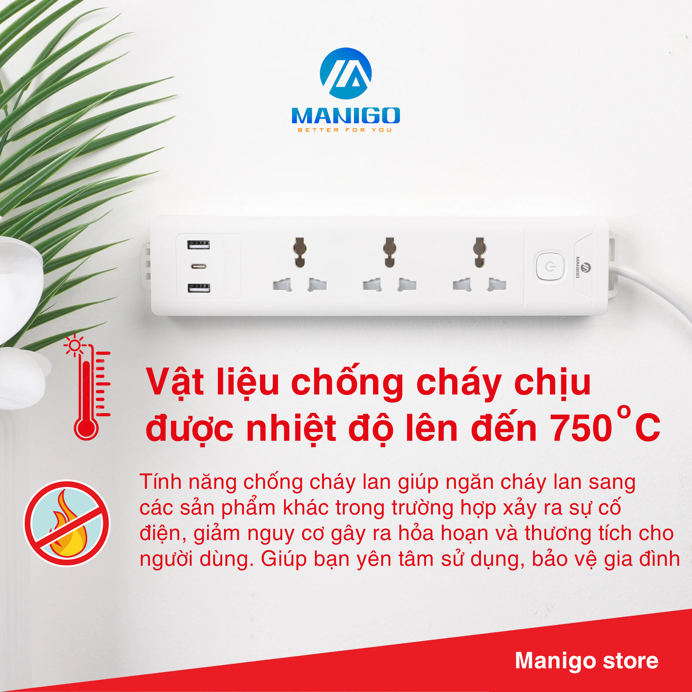 Mô tả Combo ổ cắm điện đa năng Manigo chiều dài 2,5M công suất 2500W Tích Hợp Sạc USB TypeC BH 18 Tháng - 4