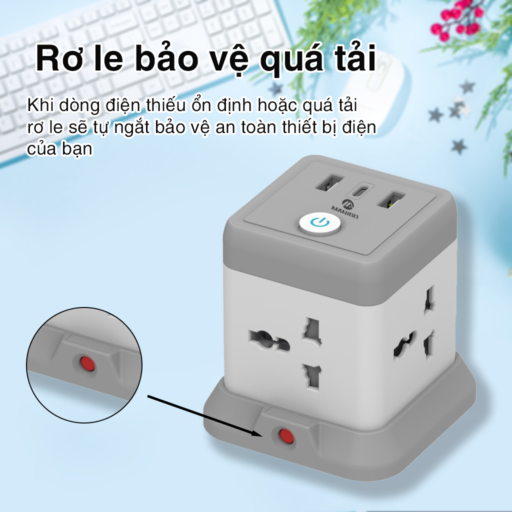 Mô tả Combo ổ cắm đa năng Manigo Chiều Dài 3,5M, Ổ cắm điện 2500W USB Type-C BH 18 Tháng - 2