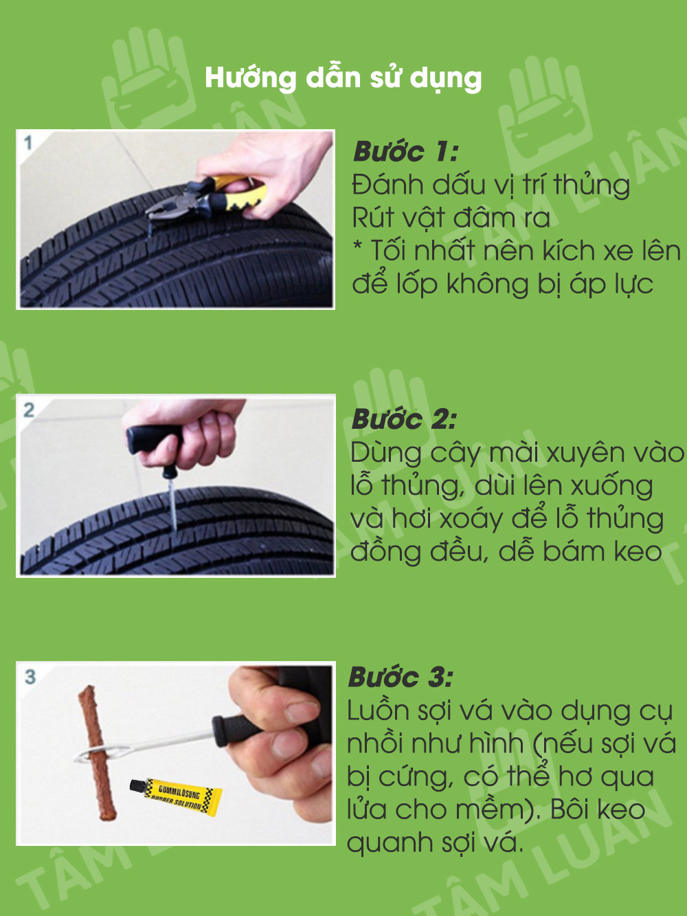 Mô tả Bộ vá lốp ô tô khẩn cấp, vá xe không ruột săm, vá lụi, vá rút - Phụ kiện oto Tâm Luân - 4