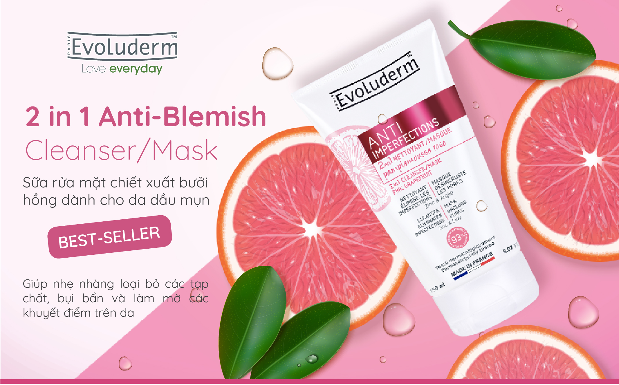 Mô tả Sữa rửa mặt / Mặt nạ 2in1 chiết xuất Pink GrapeFruit giúp ngăn ngừa mụn dành cho da dầu mụn Evoluderm 150ml - 2