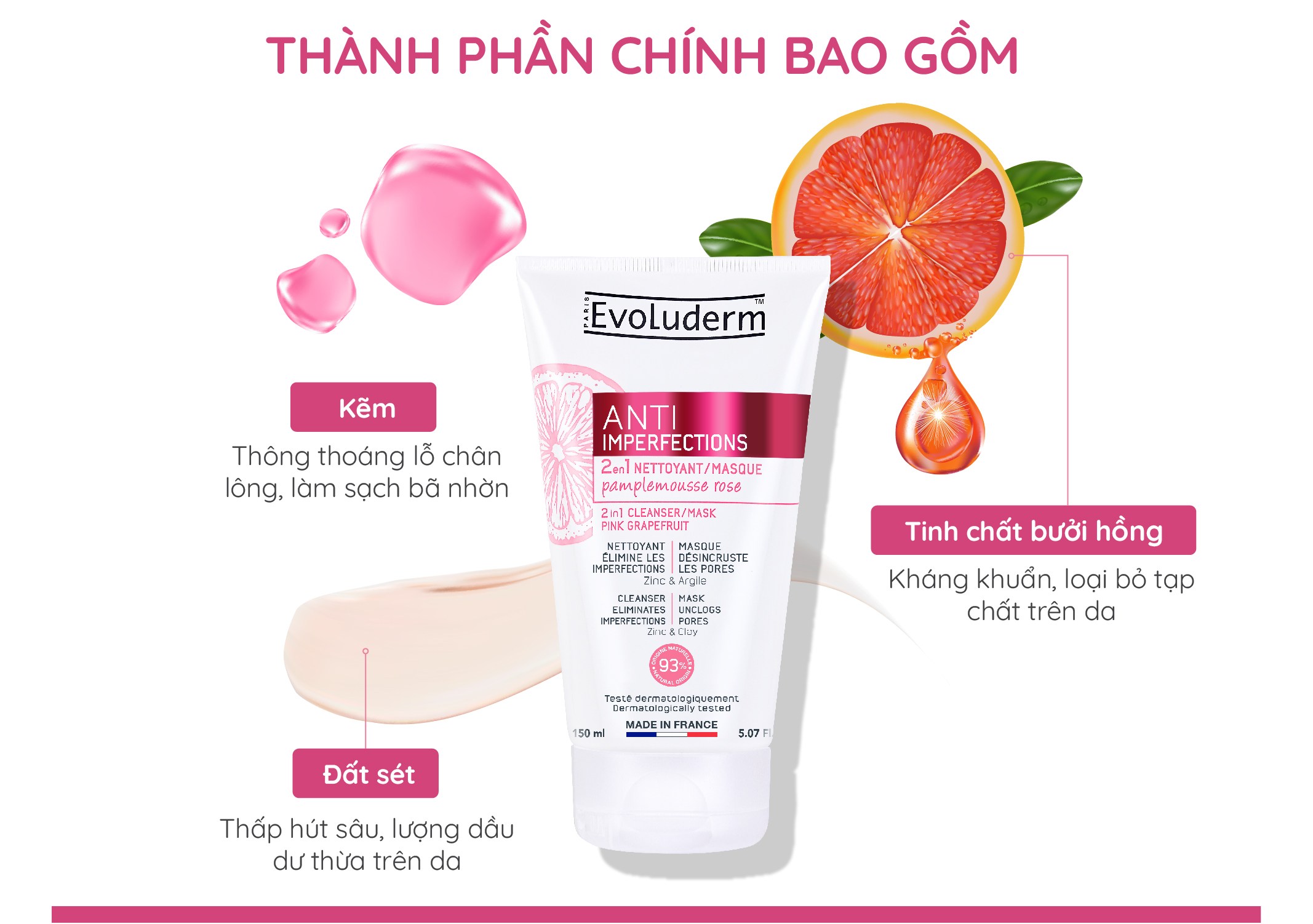 Mô tả Sữa rửa mặt / Mặt nạ 2in1 chiết xuất Pink GrapeFruit giúp ngăn ngừa mụn dành cho da dầu mụn Evoluderm 150ml - 1