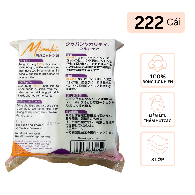 Mô tả Bông Tẩy Trang MISAKI 3 lớp 100% Bông Tự Nhiên 222 Miếng - 1
