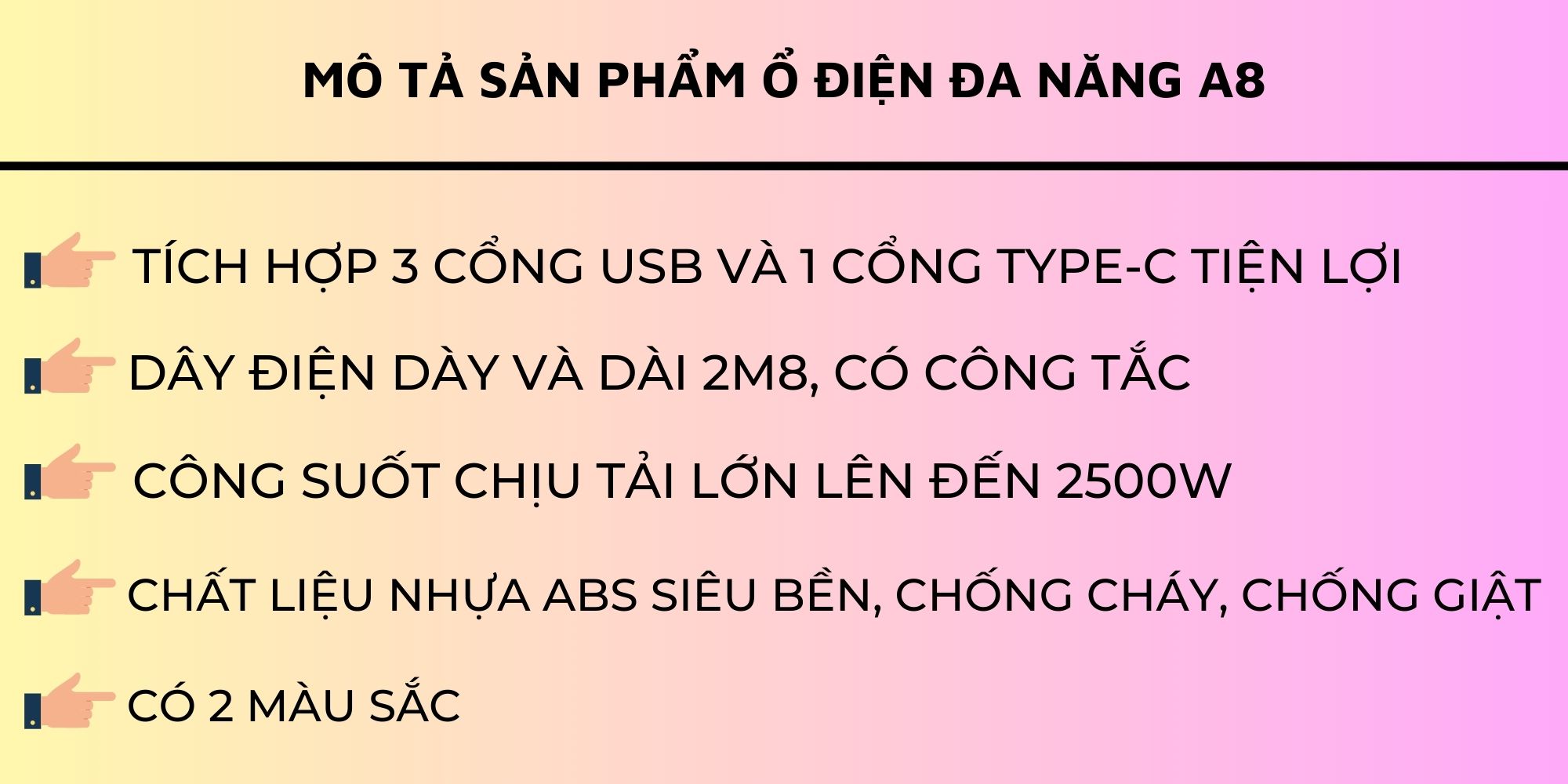 Ổ cắm điện A8 với nhiều cổng sạc