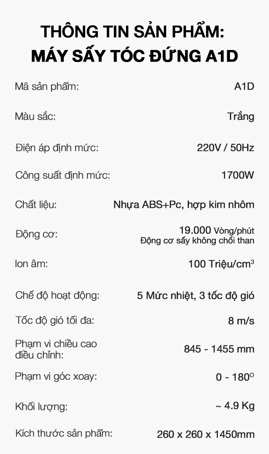 Mô tả Máy Sấy Tóc Tự Động Dạng Đứng Vietnamrobovac A1D - Chăm Sóc Tóc Mềm Mại Bằng Ion Âm - Điều Chỉnh Góc 180 Độ - 12