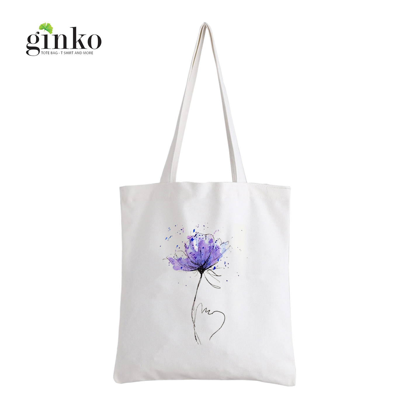 Mô tả Túi Vải Tote GINKO Kiểu Basic có dây kéo khóa miệng túi ( túi con) In Hình hoa tím G44 - 2