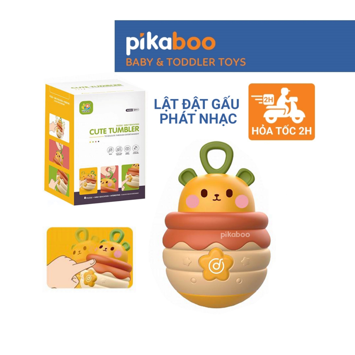 Mô tả Đồ chơi lật đật gấu phát nhạc Pikaboo, có đèn sáng và âm thanh vui nhộn, chất liệu an toàn cho bé - 1