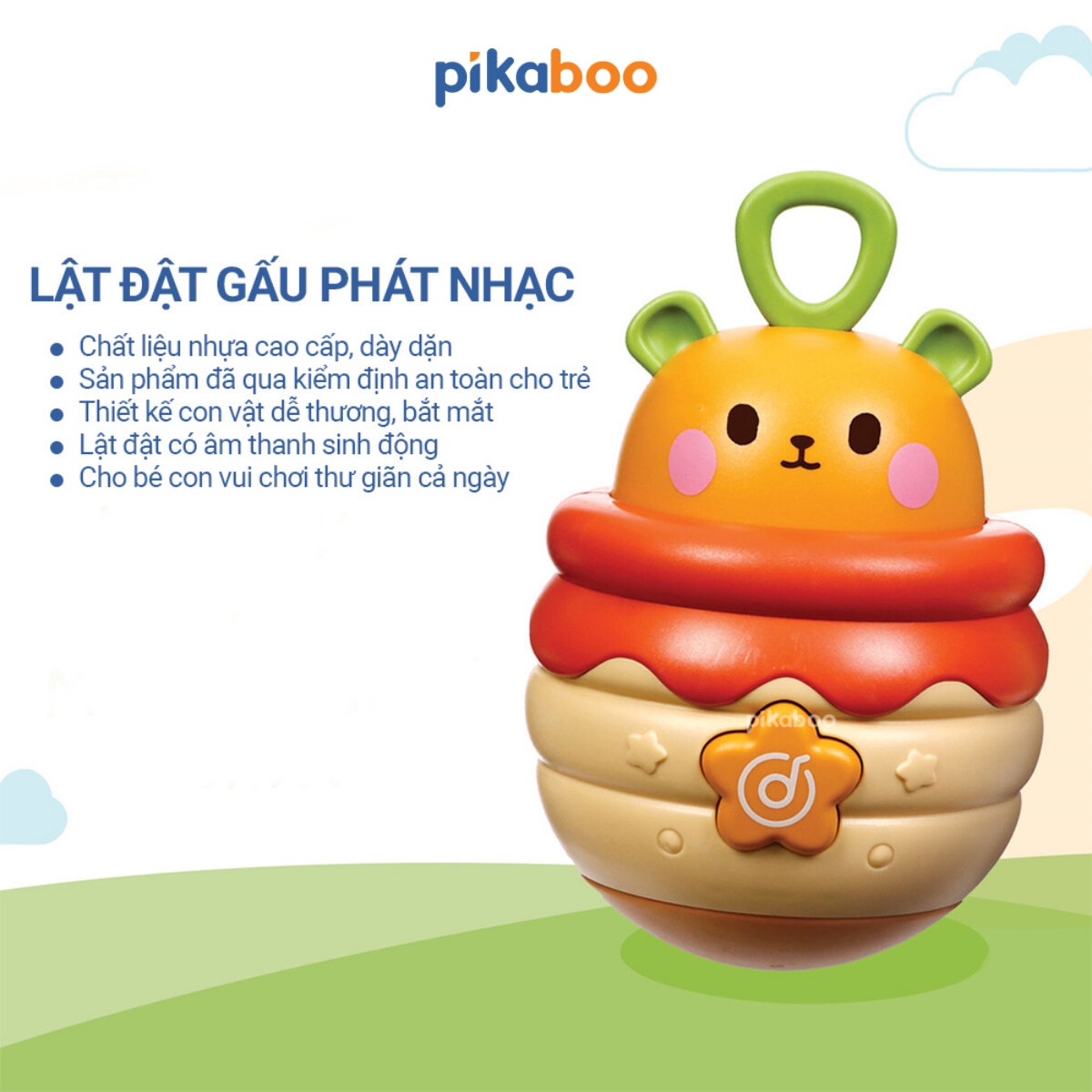 Mô tả Đồ chơi lật đật gấu phát nhạc Pikaboo, có đèn sáng và âm thanh vui nhộn, chất liệu an toàn cho bé - 3