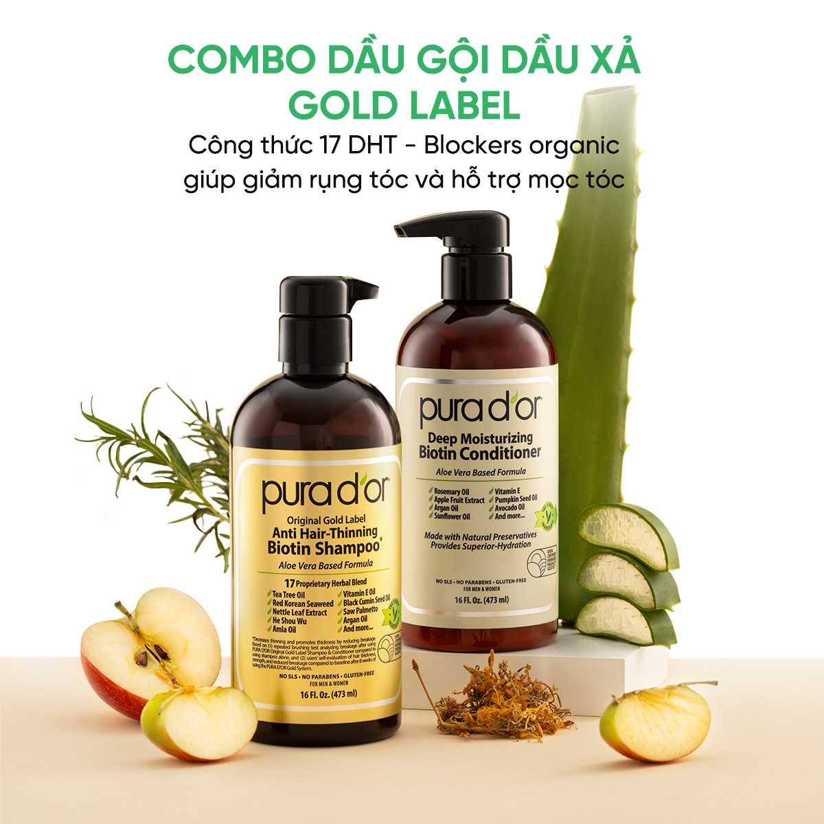Mô tả Combo dầu gội dầu xả hữu cơ hỗ trợ giảm rụng tóc, hỗ trợ mọc tóc Biotin Gold Label Pura D'or 236ml/473ml Organic - 2