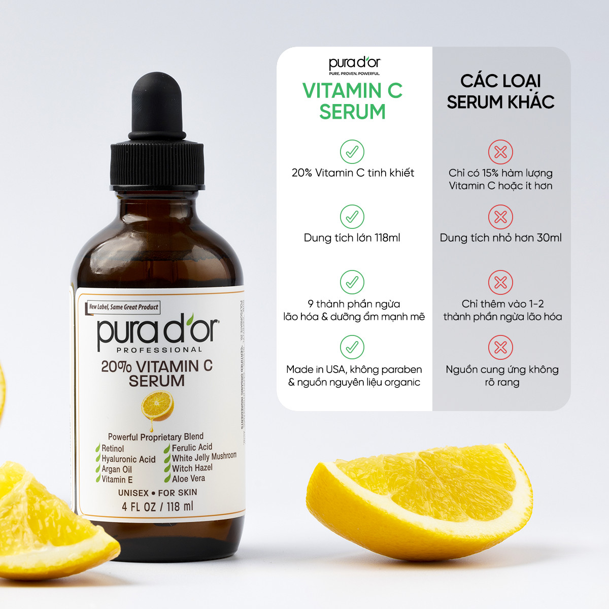 Mô tả Serum Vitamin C 20% Hữu Cơ Làm Sáng Da, Mờ Thâm, Chống Lão Hoá Dưỡng Ẩm Da PURA DOR 118ml Organic - 3