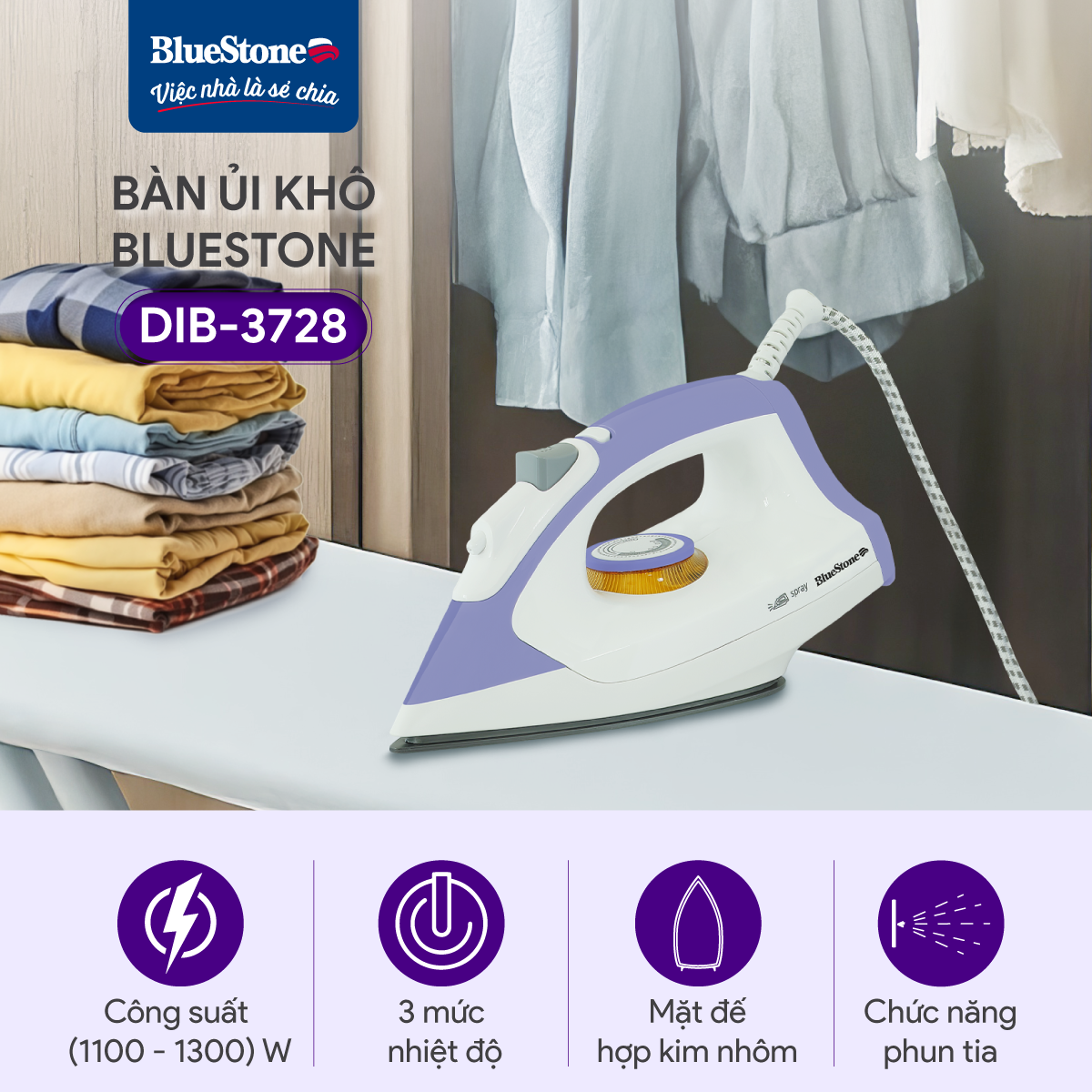 Mô tả Bàn Ủi Khô BlueStone DIB-3728 ̣(1100-1300W) - 1