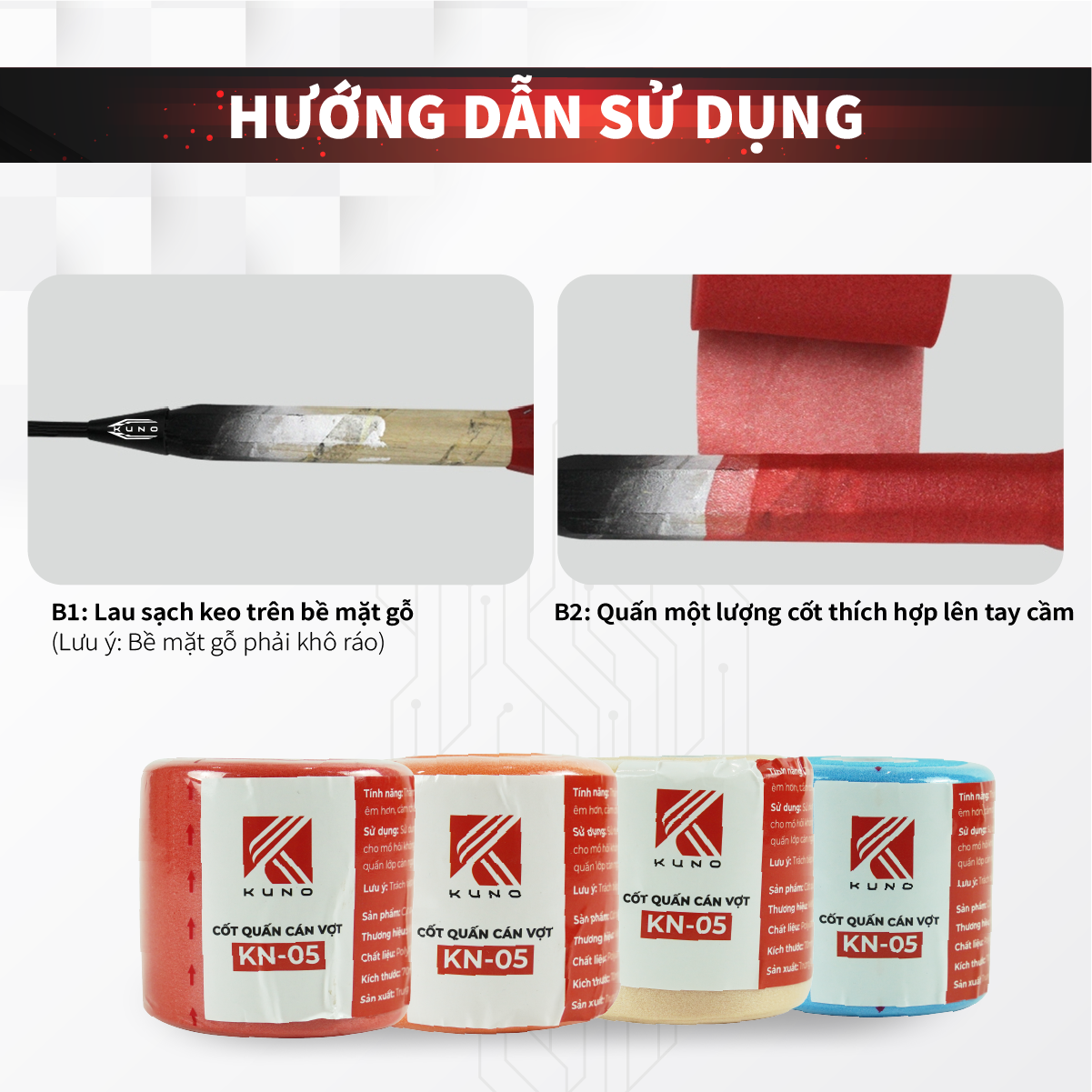 Mô tả Quấn Cốt Vợt Cầu Lông KUNO, Thấm Hút Mồ Hôi, Mỏng Mềm Mại, Gia Tăng Độ Êm, Thoáng Khí - 2
