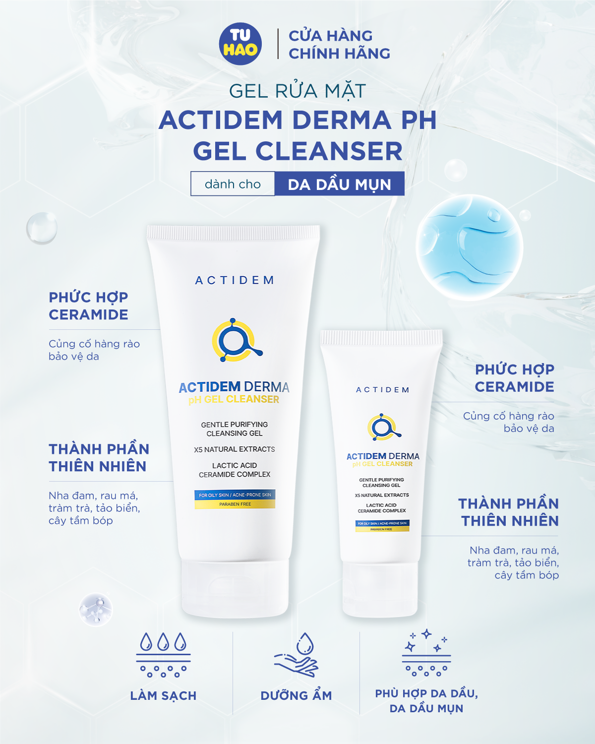 Mô tả GEL RỬA MẶT ACTIDEM TRẮNG HỒNG XANH DERMA/SENSITIVE/PURIFYING GEL CLEANSER 30/150/180ml - Từ Hảo - 1