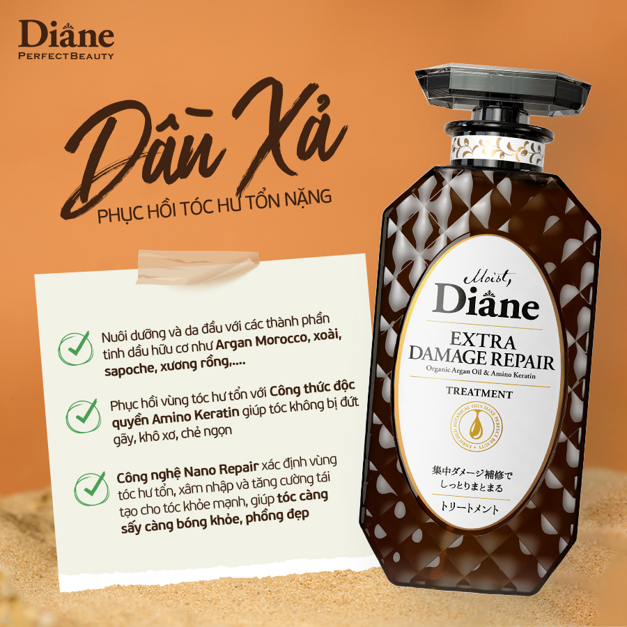 Mô tả Combo dầu gội xả phục hồi tóc khô xơ chẻ ngọn gãy rụng hư tổn nặng Moist Diane Extra Damage Repair - 4