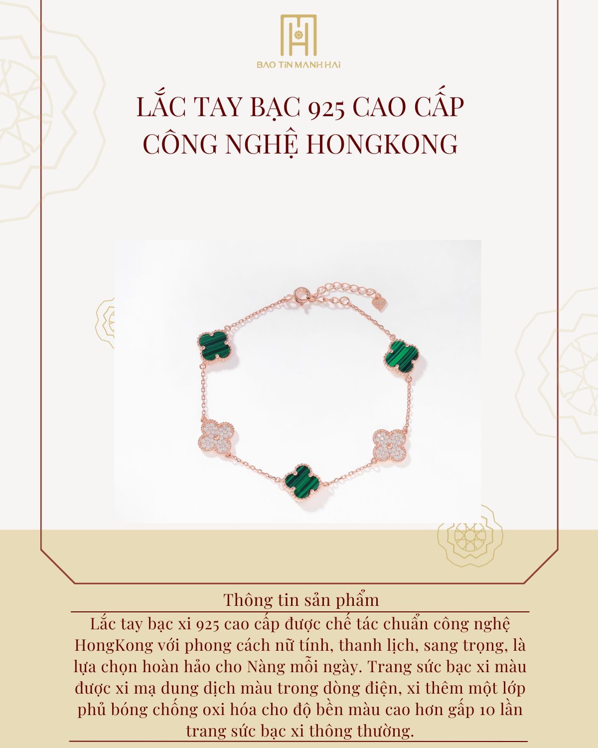 Mô tả Lắc tay bạc 925 xi hồng Bảo Tín Mạnh Hải họa tiết cỏ 4 lá đá vân xanh lá công nghệ HongKong BCLTB92KDH-309006 - 1