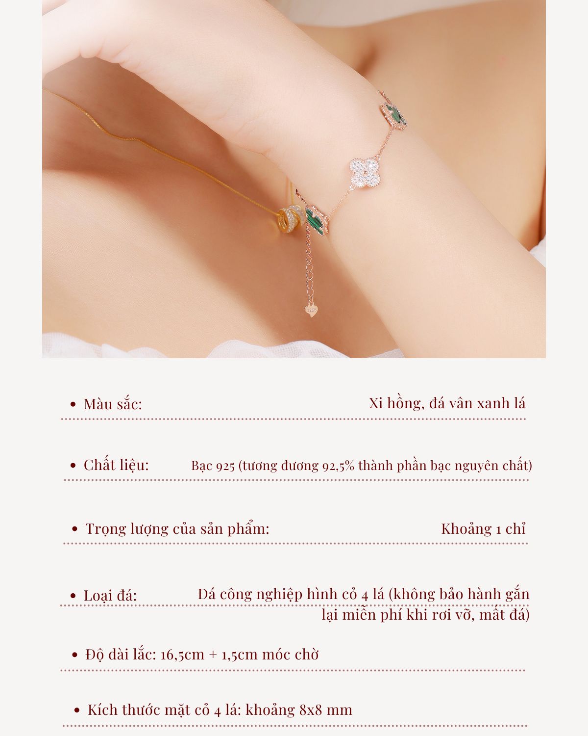 Mô tả Lắc tay bạc 925 xi hồng Bảo Tín Mạnh Hải họa tiết cỏ 4 lá đá vân xanh lá công nghệ HongKong BCLTB92KDH-309006 - 2