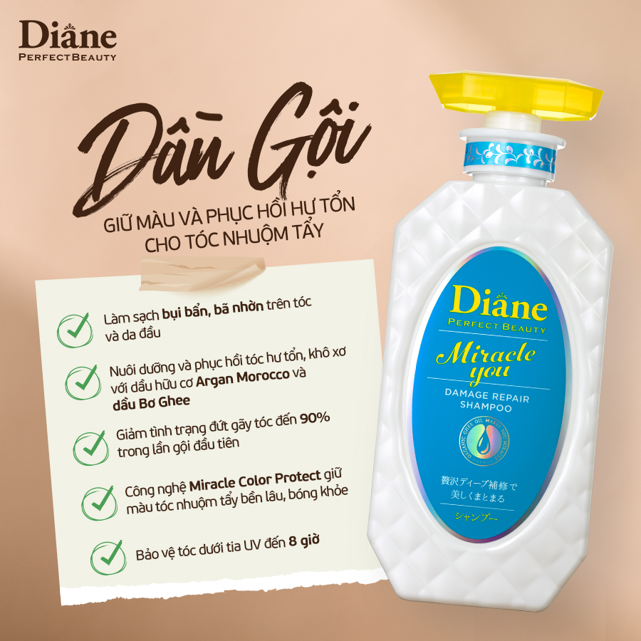 Mô tả Bộ dầu gội xả giữ màu tóc nhuộm tẩy phục hồi khô xơ chẻ ngọn Diane Miracle You Extra Damage Repair - 3
