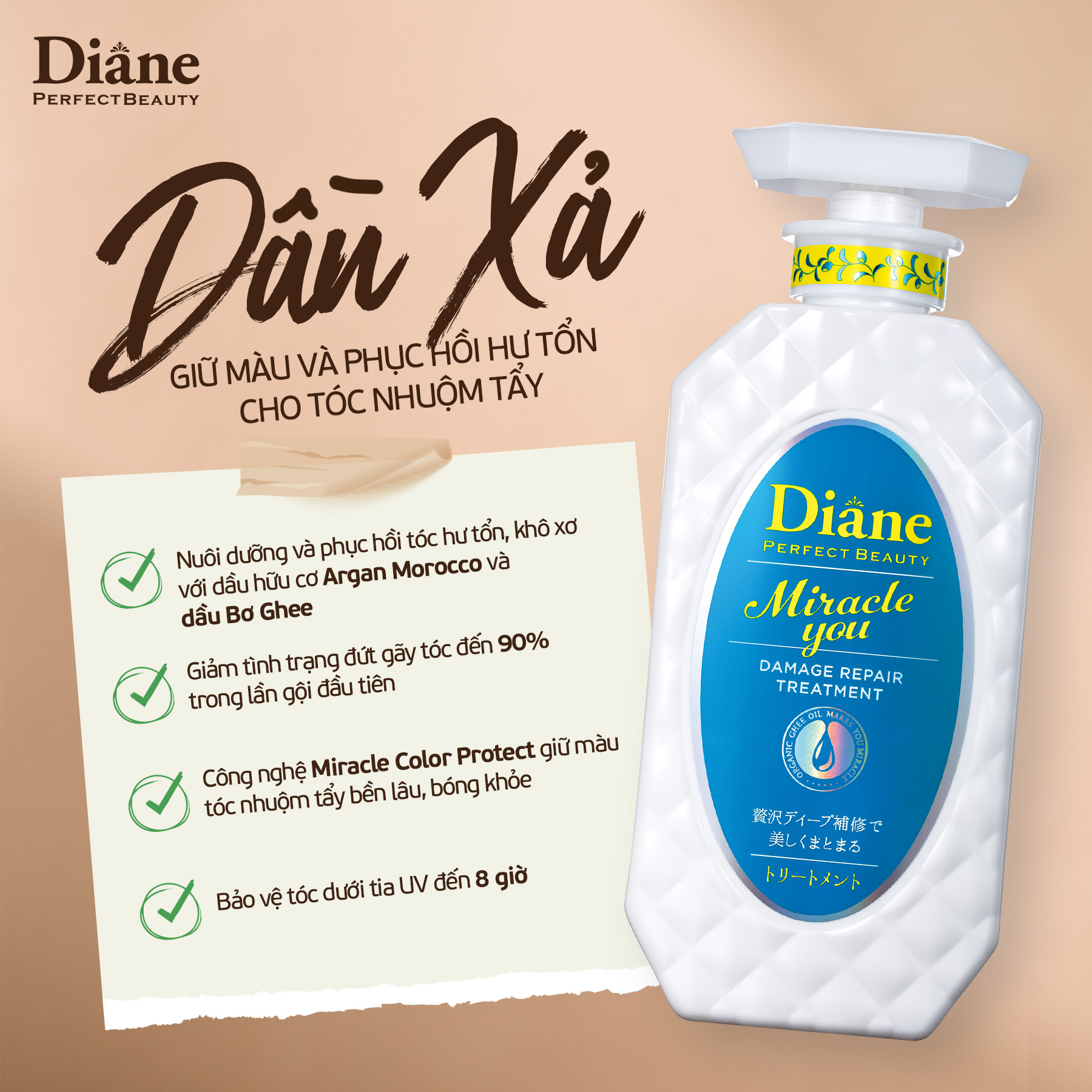 Mô tả Bộ dầu gội xả giữ màu tóc nhuộm tẩy phục hồi khô xơ chẻ ngọn Diane Miracle You Extra Damage Repair - 4