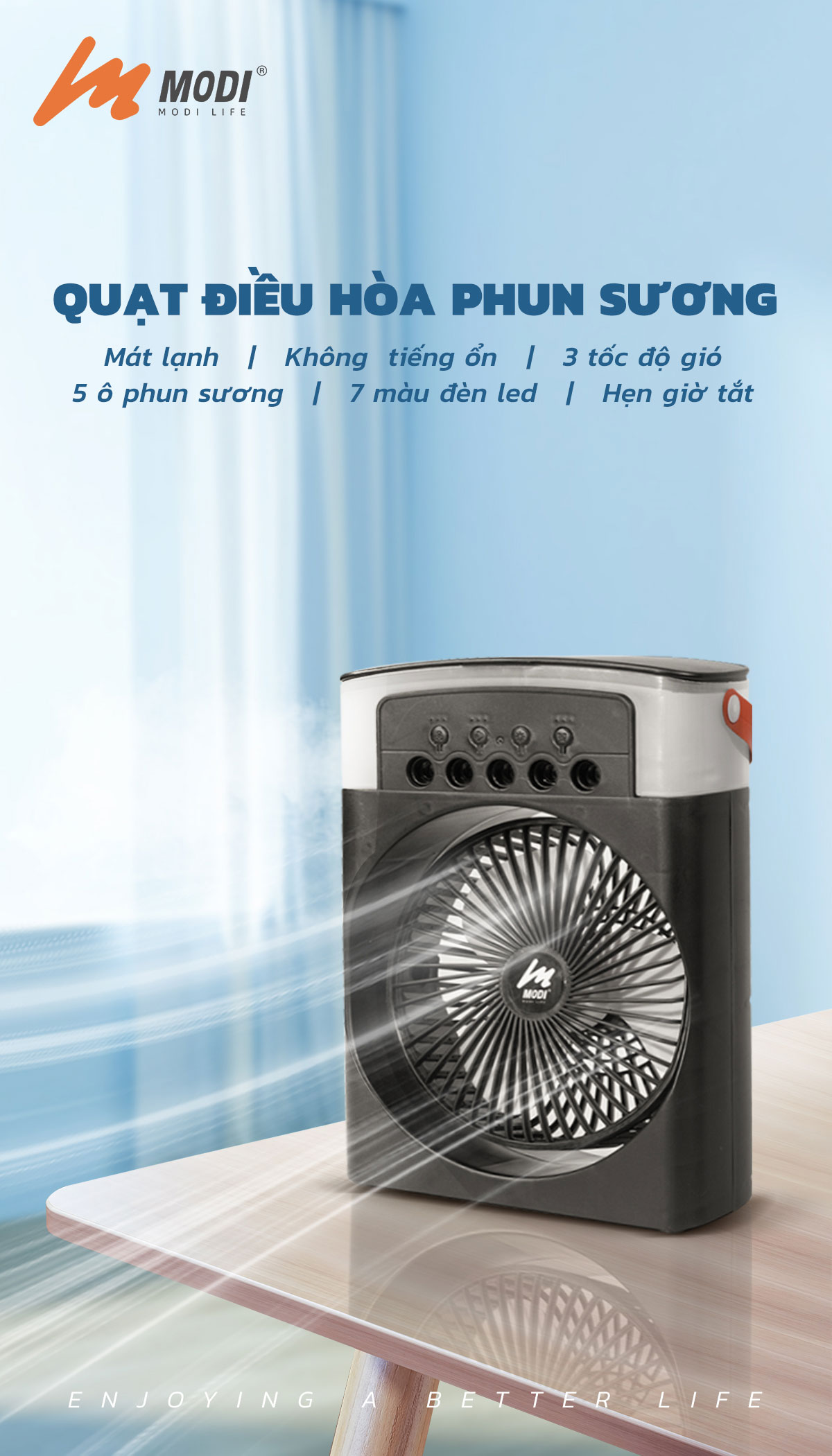 Mô tả Quạt Điều Hoà Phun Sương Mini Modi Solar, Quạt Hơi Nước Có Khay Đá Dung Tích 600ml - 1