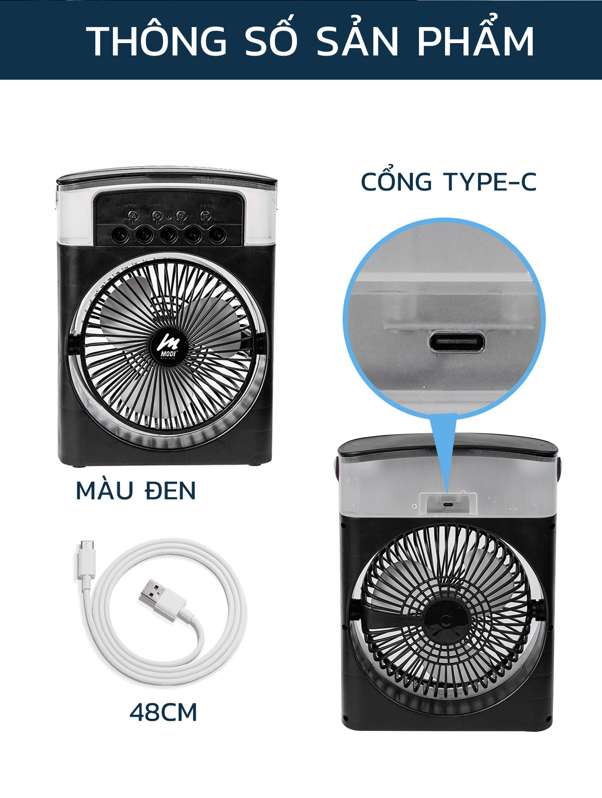 Mô tả Quạt Điều Hoà Phun Sương Mini Modi Solar, Quạt Hơi Nước Có Khay Đá Dung Tích 600ml - 5