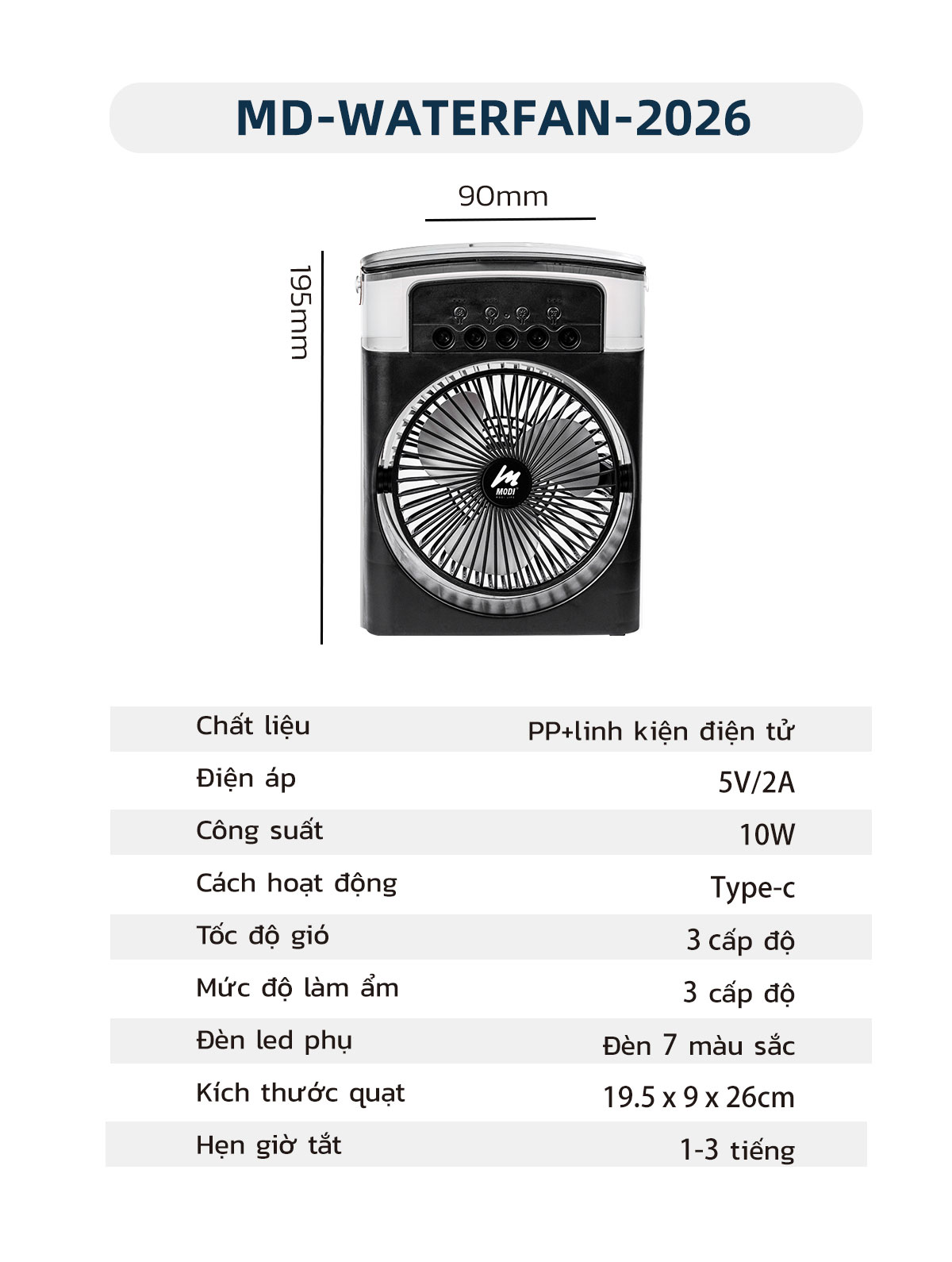 Mô tả Quạt Điều Hoà Phun Sương Mini Modi Solar, Quạt Hơi Nước Có Khay Đá Dung Tích 600ml - 6