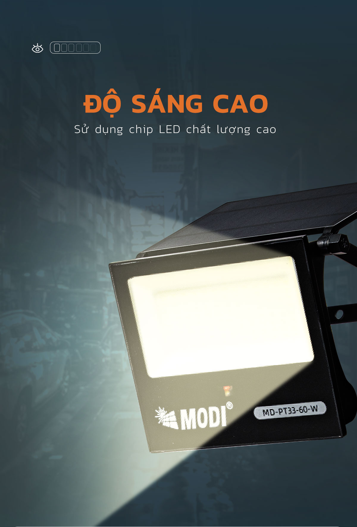 Mô tả Đèn Pha LED Cảm Biến Chuyển Động Năng Lượng Mặt Trời MODI SOLAR 60W Siêu Sáng, Ngoài Trời - 3