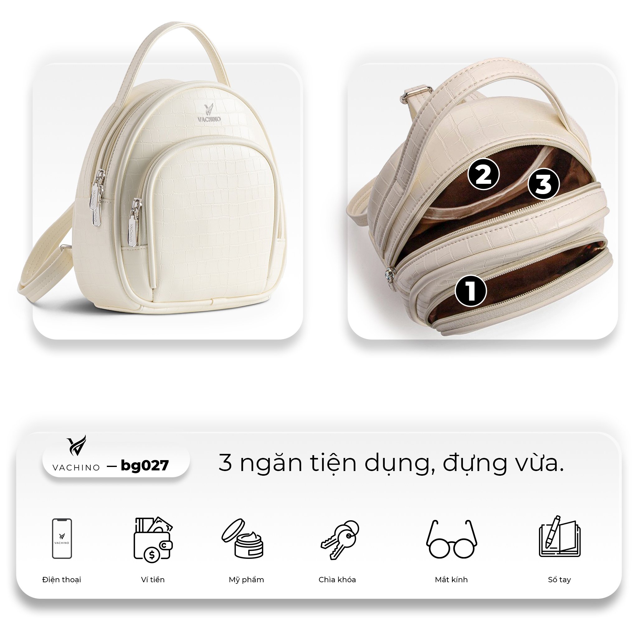 Mô tả Balo da nữ thời trang vân da cá sấu VACHINO-BG028 - 3
