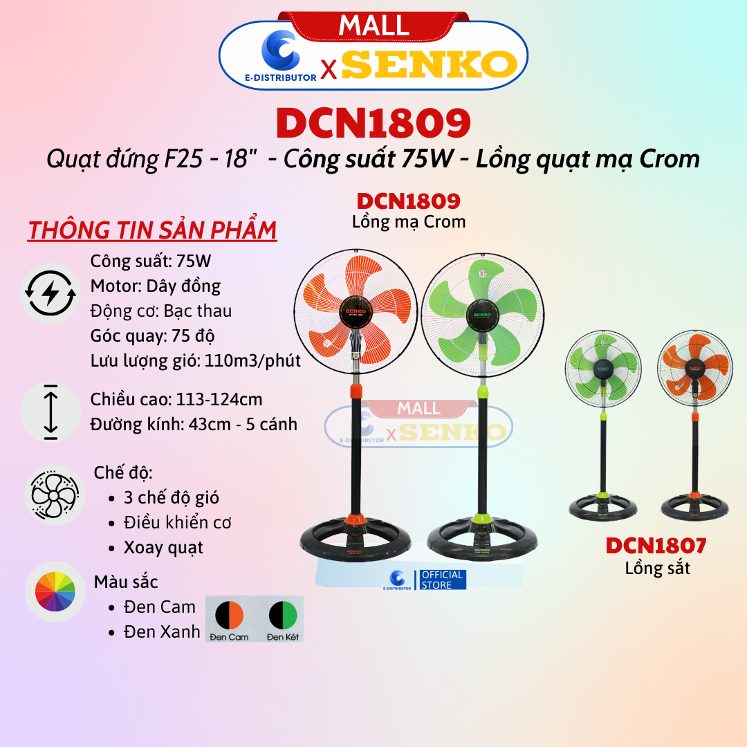 Mô tả Quạt Đứng Công Nghiệp Senko DCN1809/DCN1807 - Công suất 75W - Hàng Chính Hãng - Giao màu ngẫu nhiên - 1