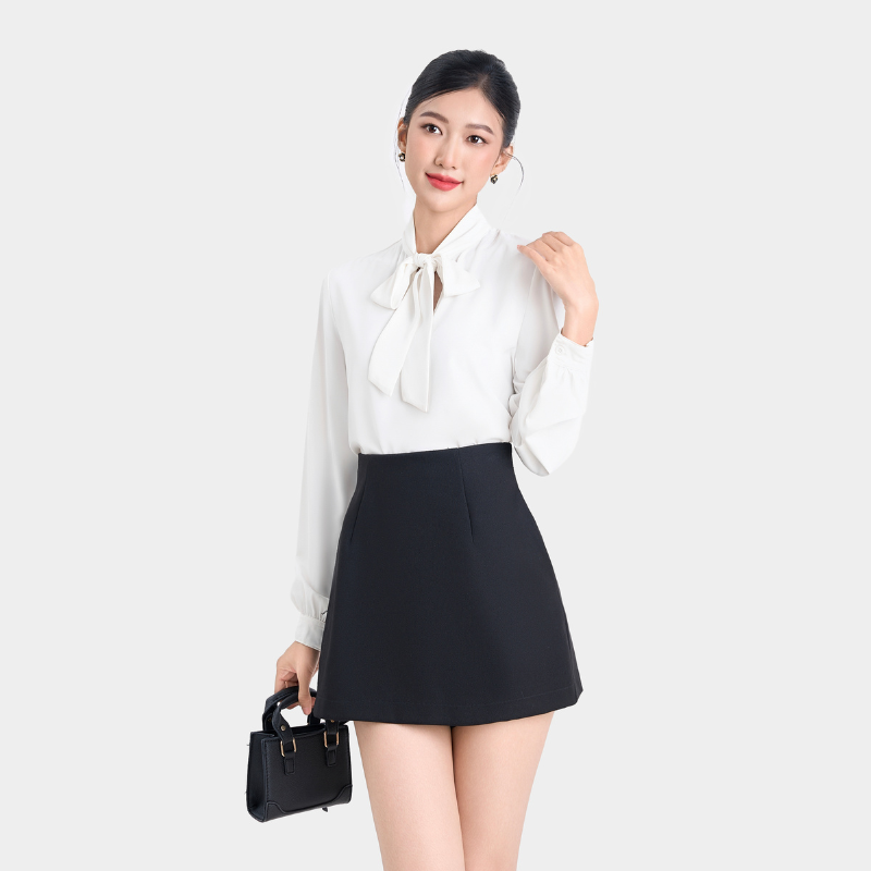 Mô tả Áo kiểu sơ mi nữ MARC FASHION tay dài thắt nơ CBMX019822 - 4