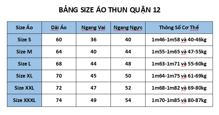 BẢNG SIZE ÁO THUN