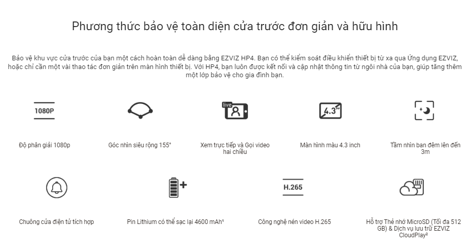 Mô tả Bộ chuông cửa không dây EZVIZ HP4 Độ phân giải 1080p, Xem trực tiếp và Gọi video hai chiều, Màn hình màu 4.3 inch - 2