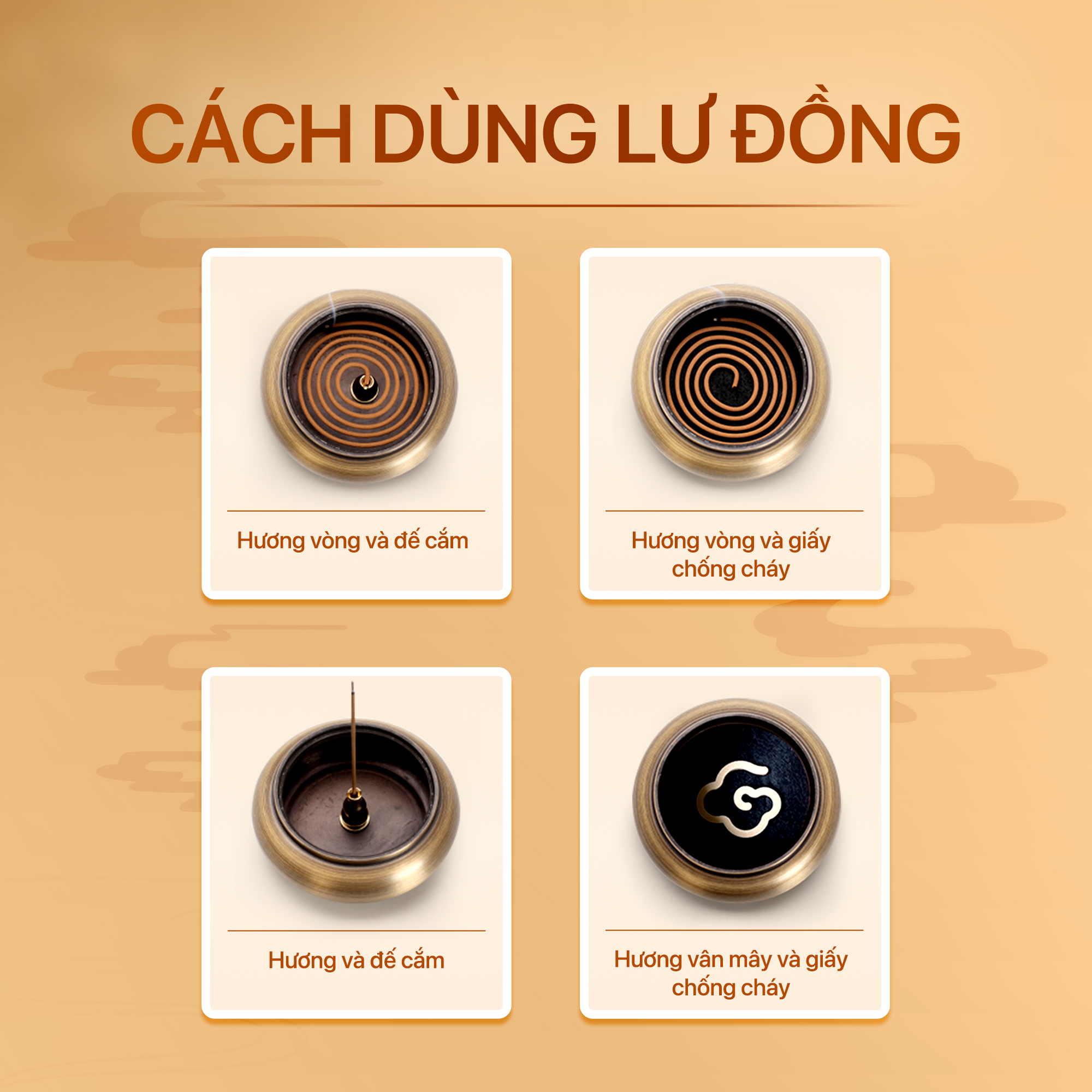 Mô tả Lư đồng xông trầm, đỉnh đốt trầm hương bằng đồng nguyên khối - Kèm lót chống cháy, chân đế đôn - 2